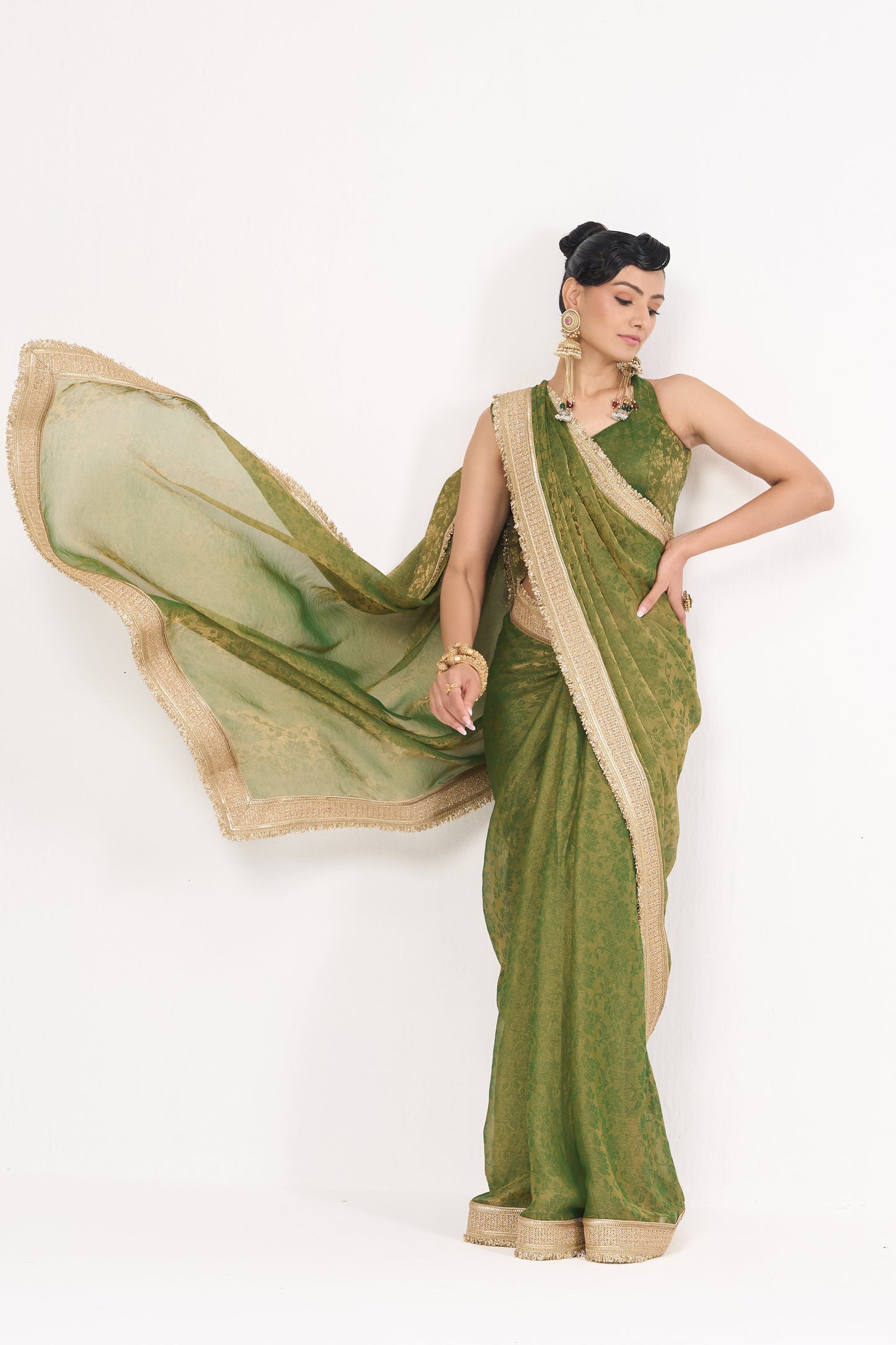 Dhiyona ST Mehndi Q'la Gold Chiffon Saree with Border and Self Blouse Fabric