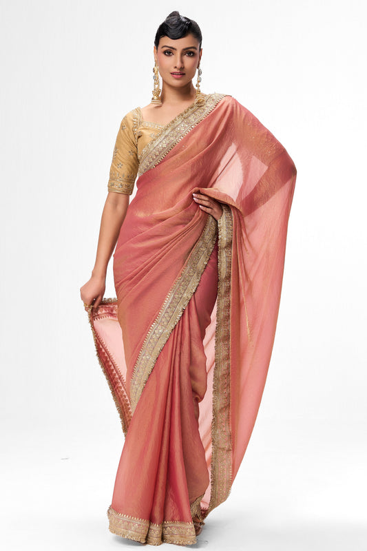 Dhiyona ST With Readymade Blouse - Dusky Peach Gold Metallic Chiffon Saree with Border and Sabya Cream Embroidered Stitched Blouse