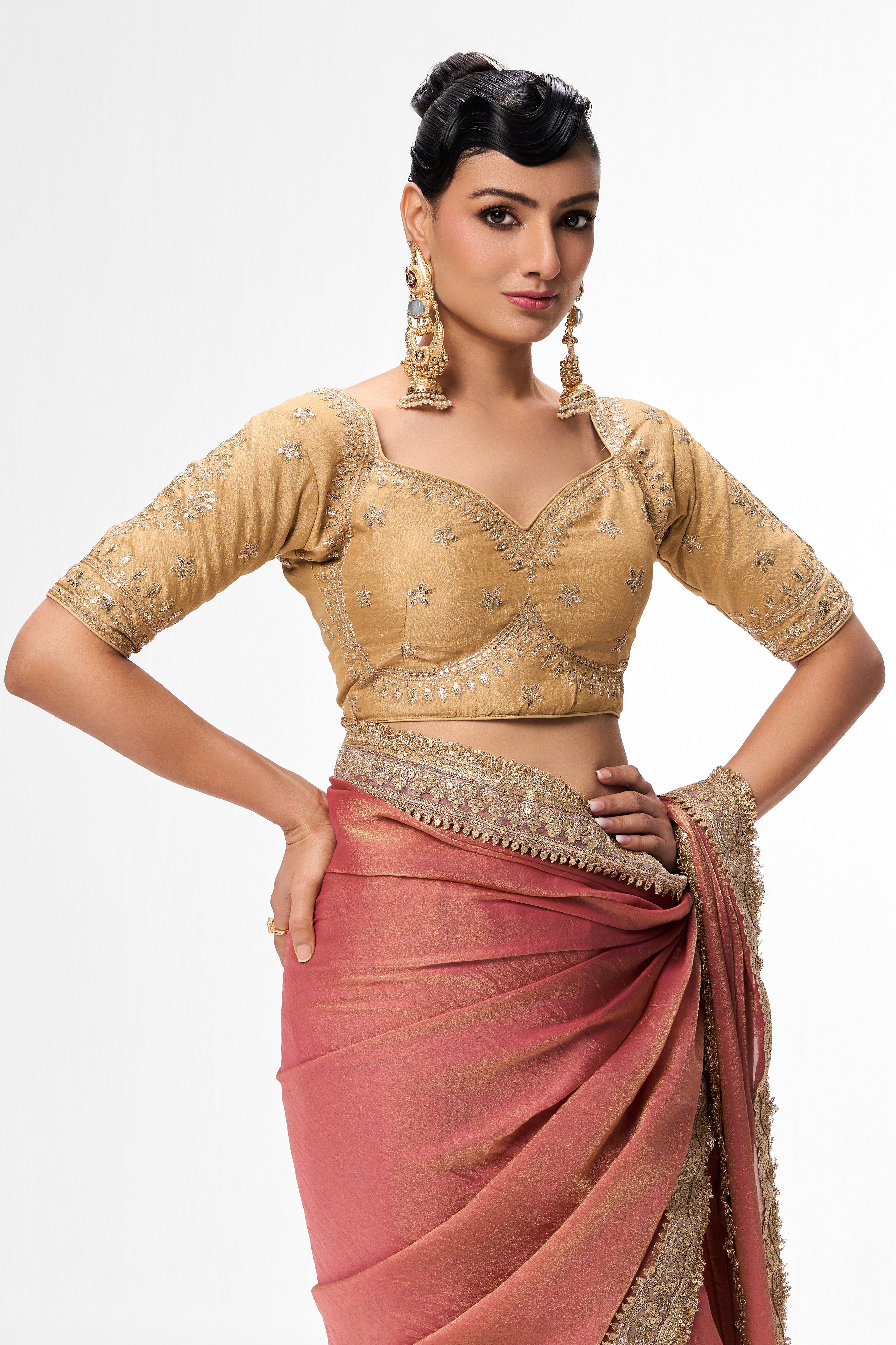 Dhiyona ST Cream Embroidered Sabya Blouse – Free-Size Adjustable 32 – 40 inches