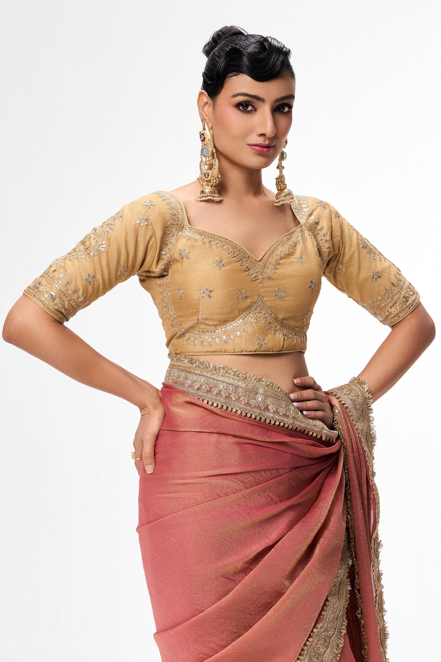 Dhiyona ST Cream Embroidered Sabya Blouse – Free-Size Adjustable 32 – 40 inches