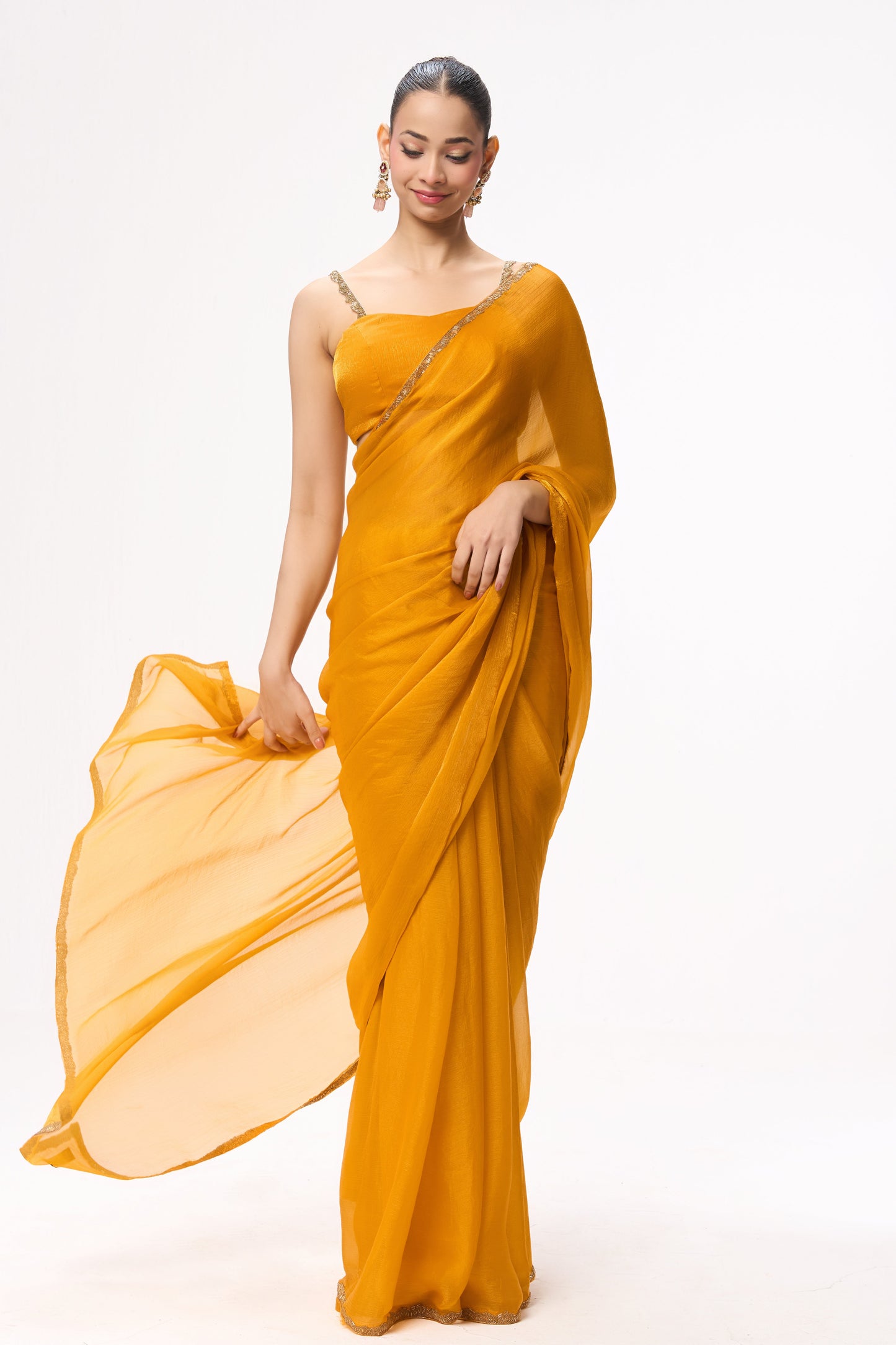Dhiyona ST Yellow Gold Border Metallic Satin Saree with Blouse Fabric