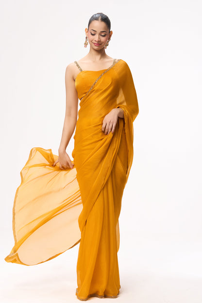 Dhiyona ST Yellow Gold Border Metallic Satin Saree with Blouse Fabric