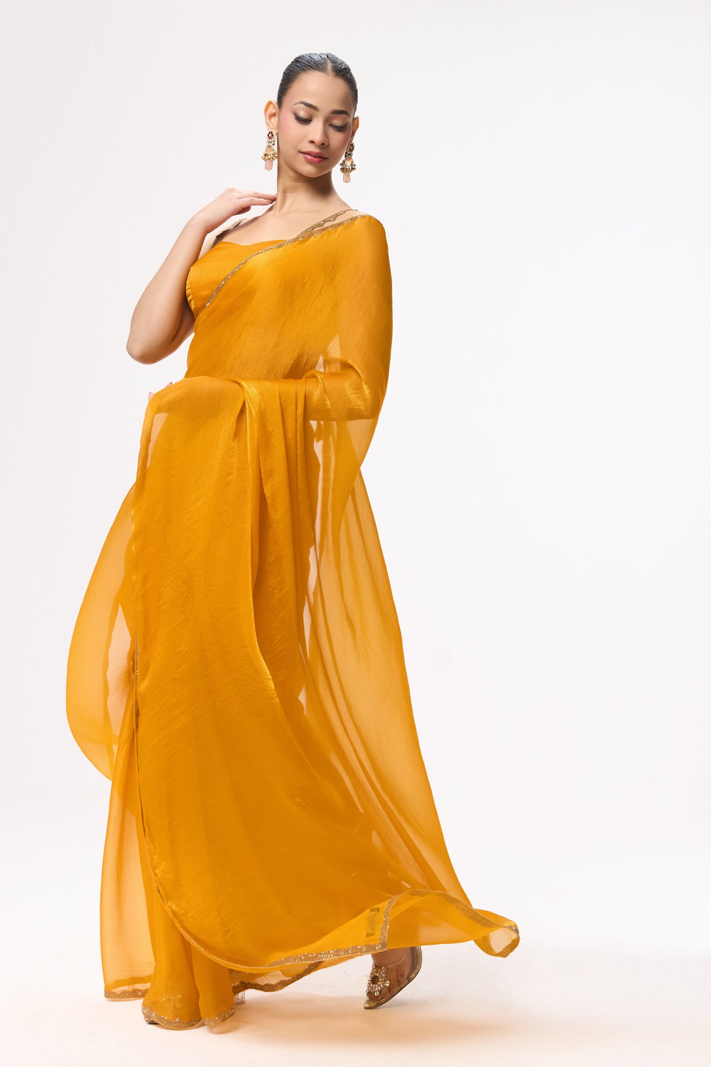 Dhiyona ST Yellow Gold Border Metallic Satin Saree with Blouse Fabric