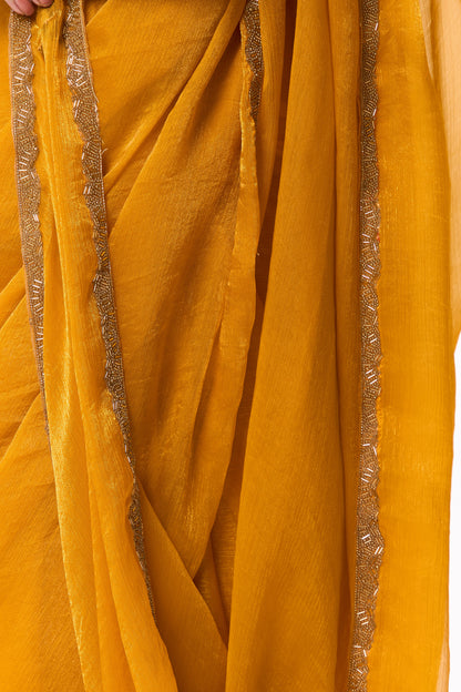 Dhiyona ST Yellow Gold Border Metallic Satin Saree with Blouse Fabric