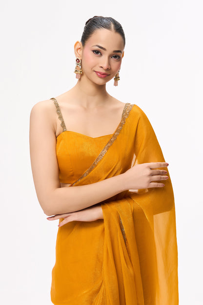 Dhiyona ST Yellow Gold Border Metallic Satin Saree with Blouse Fabric