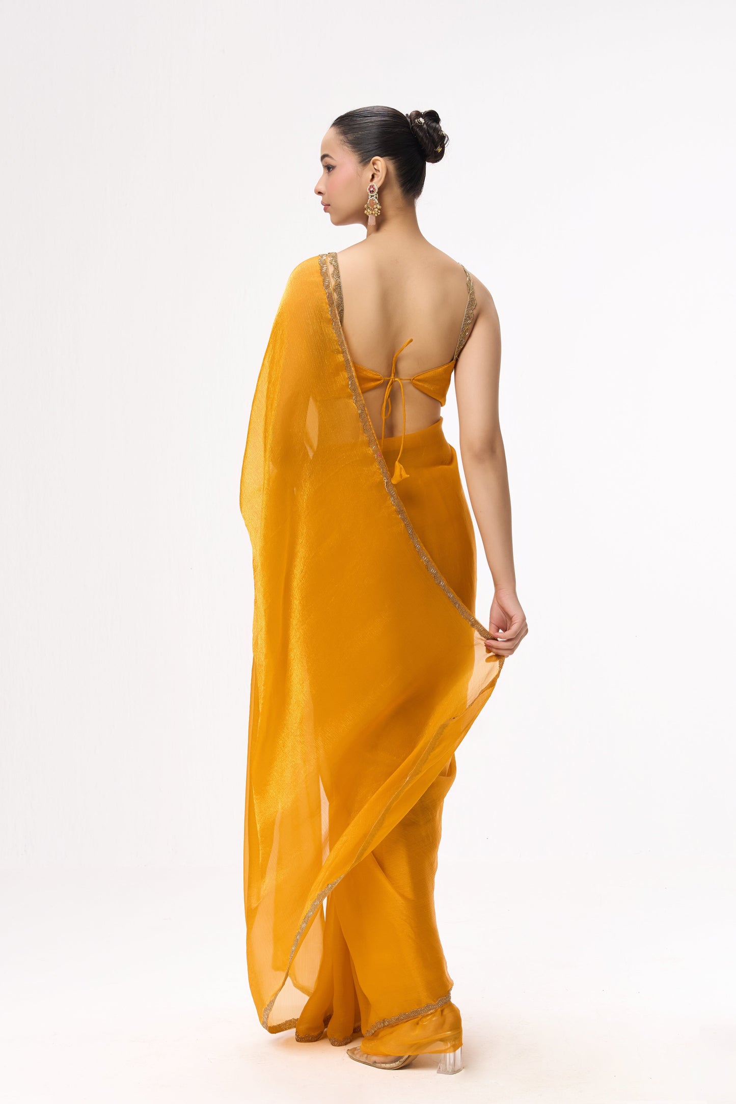 Dhiyona ST Yellow Gold Border Metallic Satin Saree with Blouse Fabric