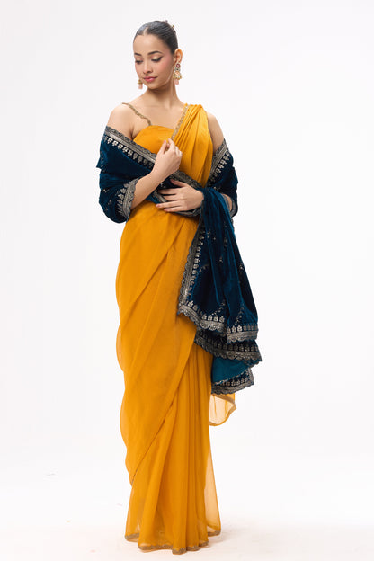 Dhiyona ST Yellow Gold Border Metallic Satin Saree with Blouse Fabric
