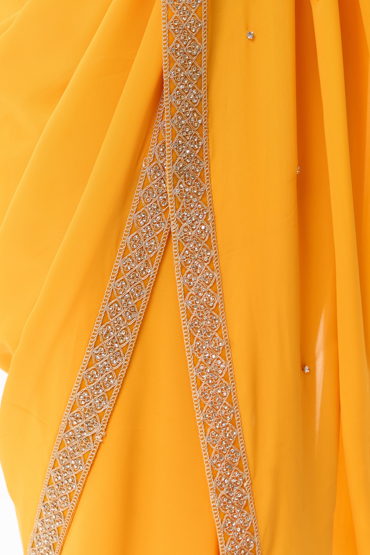Dhiyona ST Turmeric Yellow Drapy Georgette Saree with Diamonds and Self Blouse Fabric