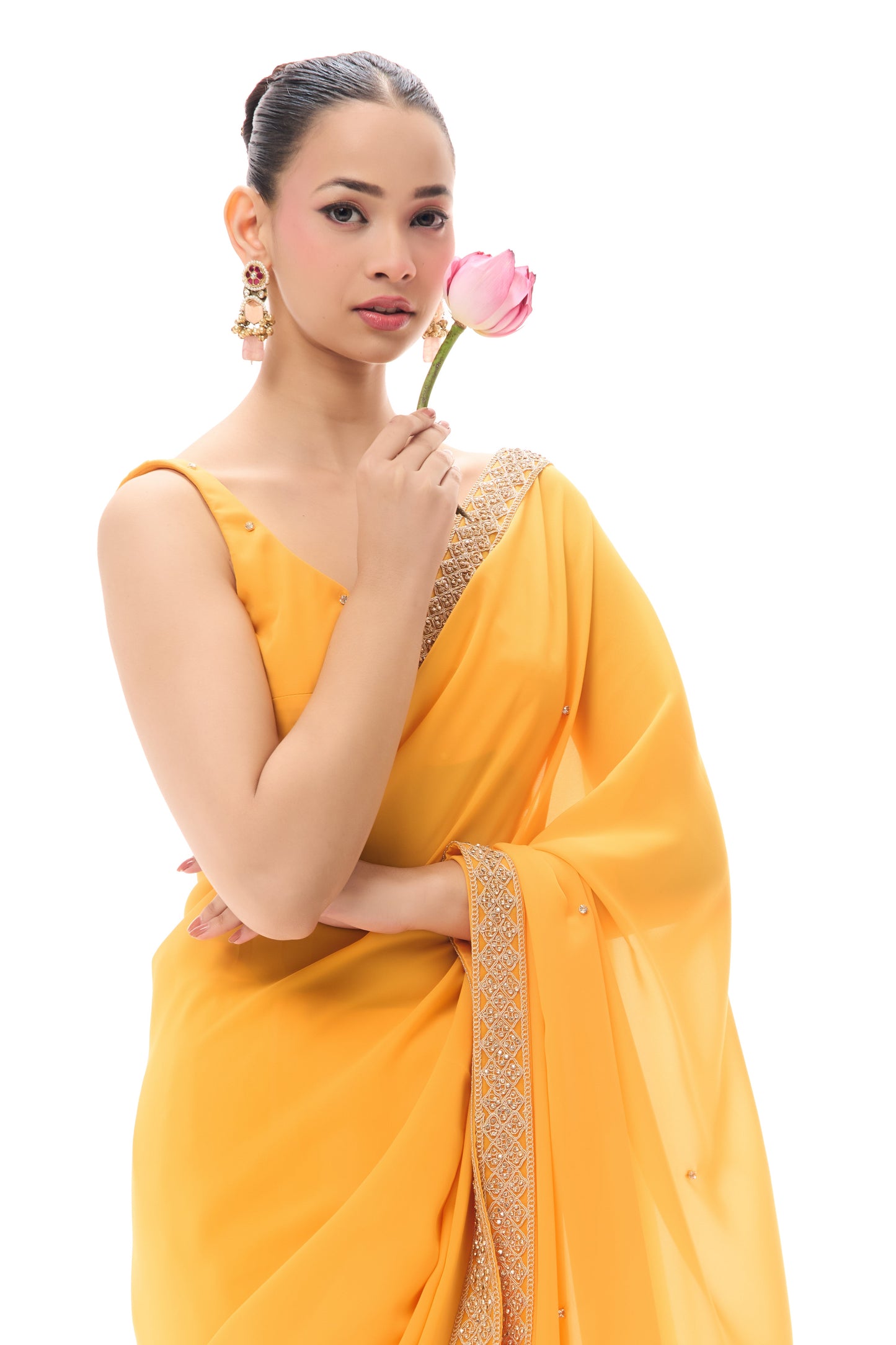 Dhiyona ST Turmeric Yellow Drapy Georgette Saree with Diamonds and Self Blouse Fabric