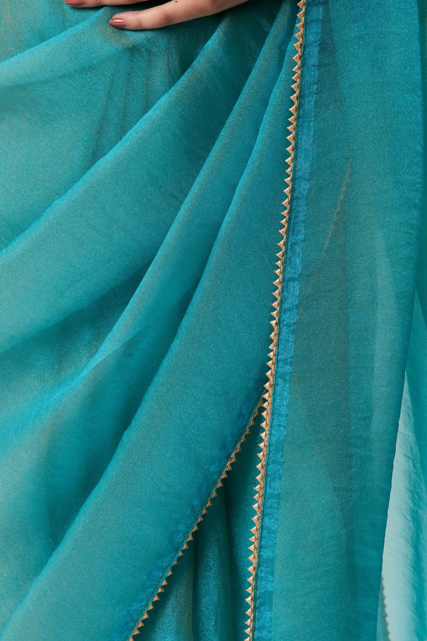 Dhiyona ST With Readymade Blouse - Aqua Blue Gold Chiffon Saree with Sabya Grey Gold Jacquard Readymade Blouse