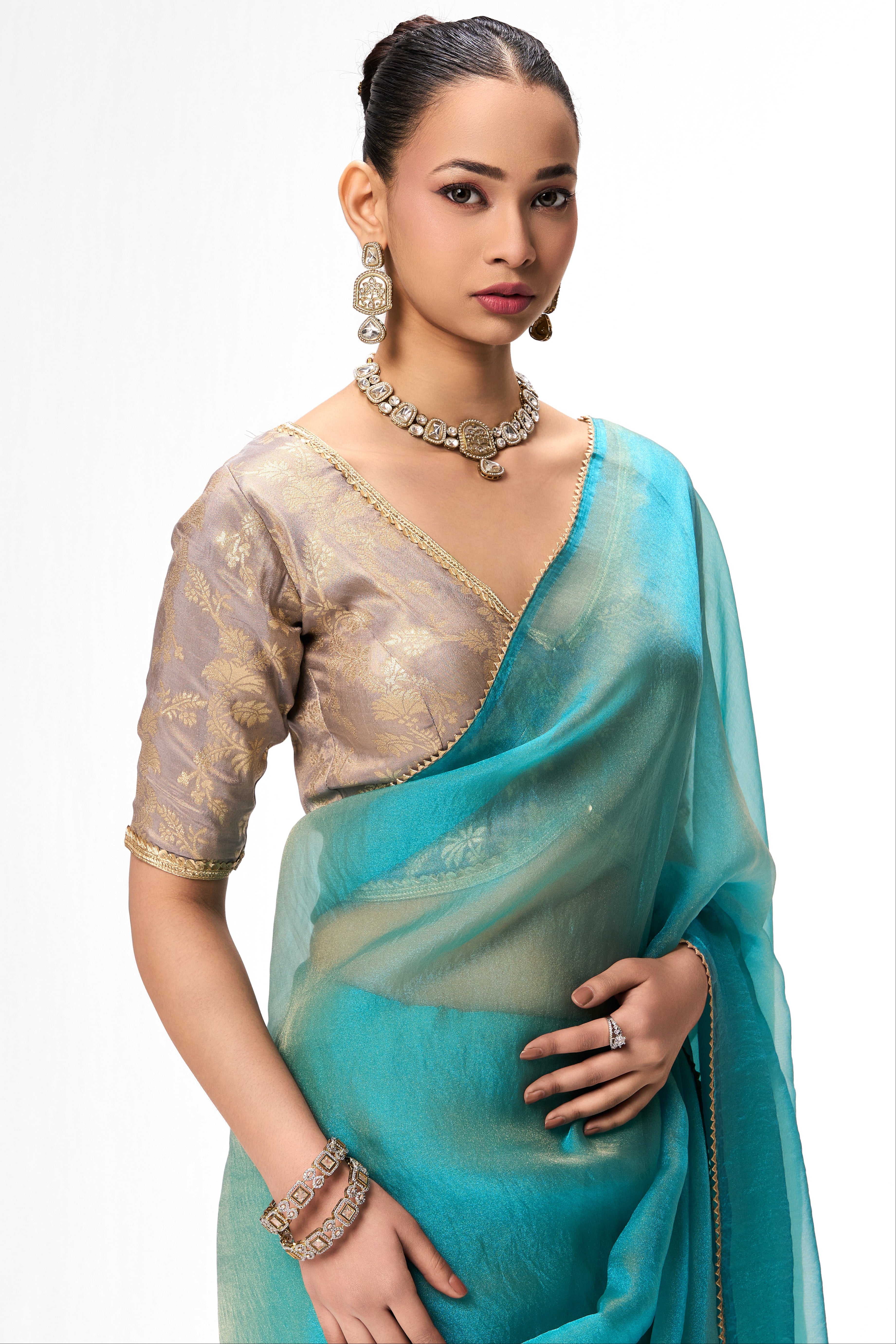 Dhiyona ST With Readymade Blouse - Aqua Blue Gold Chiffon Saree with Sabya Grey Gold Jacquard Readymade Blouse