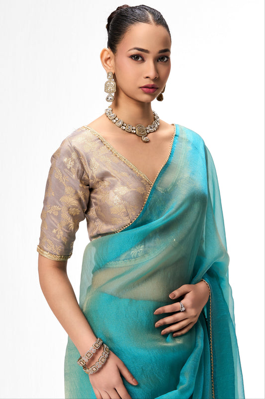 Dhiyona ST With Readymade Blouse - Aqua Blue Gold Chiffon Saree with Sabya Grey Gold Jacquard Readymade Blouse