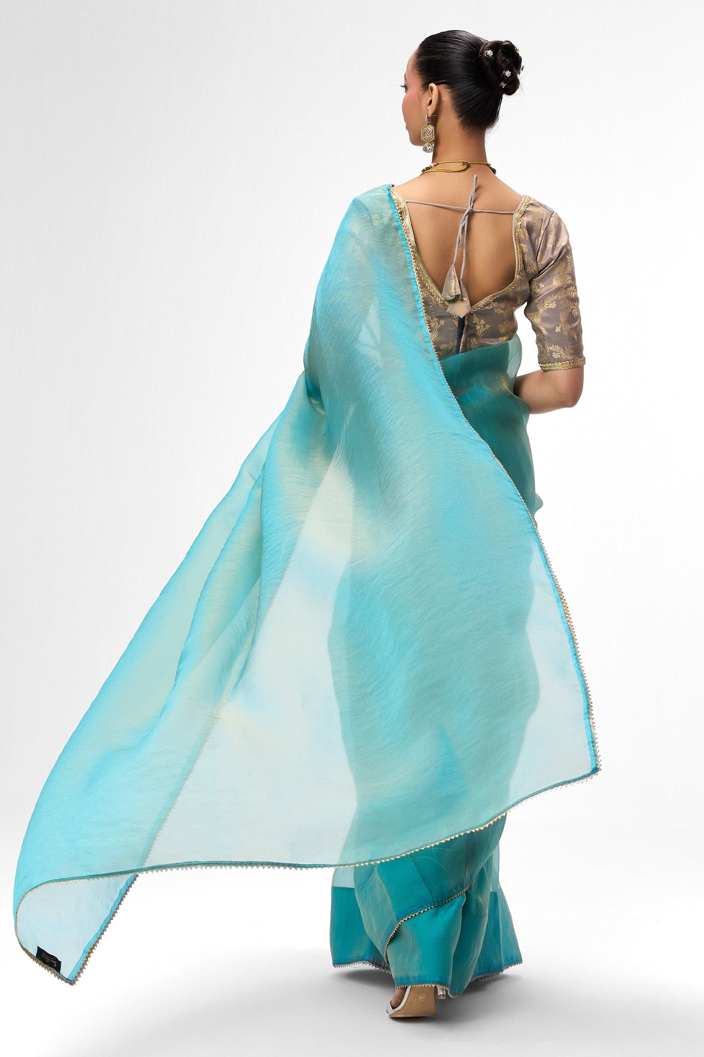 Dhiyona ST With Readymade Blouse - Aqua Blue Gold Chiffon Saree with Sabya Grey Gold Jacquard Readymade Blouse