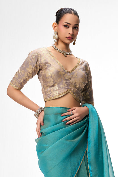 Dhiyona ST Grey Gold Sabya Cotton Blouse – Free-Size Adjustable 32–40 inches | Designer Couture Blouse