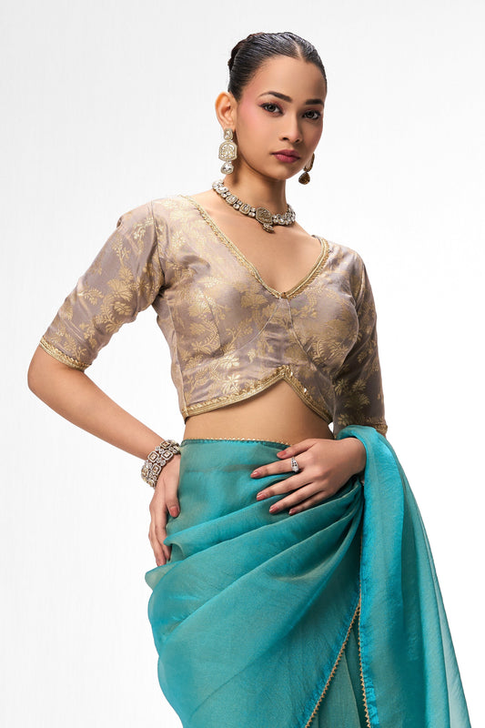 Dhiyona ST Grey Gold Sabya Cotton Blouse – Free-Size Adjustable 32–40 inches | Designer Couture Blouse