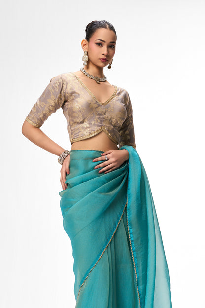 Dhiyona ST With Readymade Blouse - Aqua Blue Gold Chiffon Saree with Sabya Grey Gold Jacquard Readymade Blouse