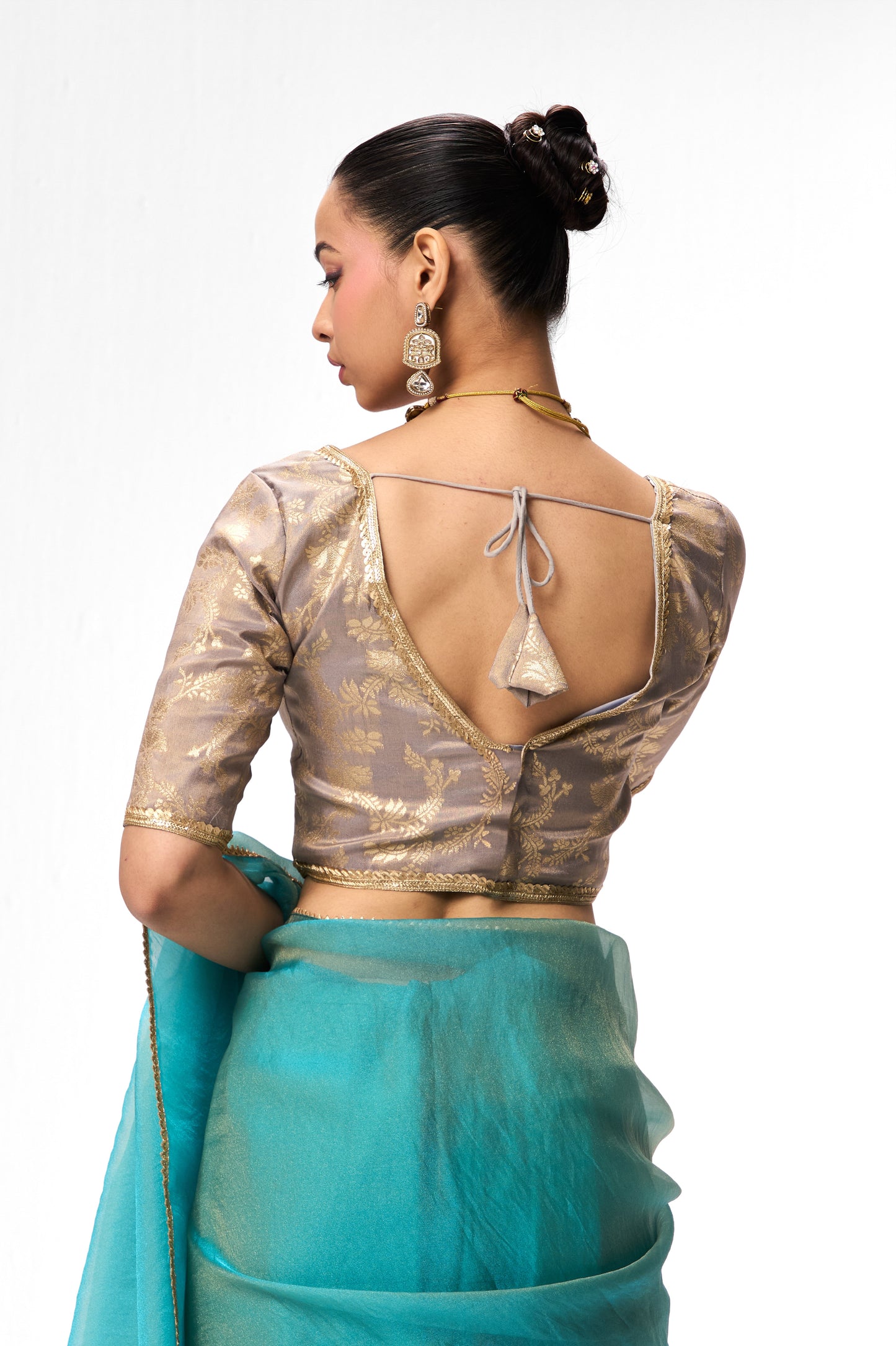 Dhiyona ST Grey Gold Sabya Cotton Blouse – Free-Size Adjustable 32–40 inches | Designer Couture Blouse