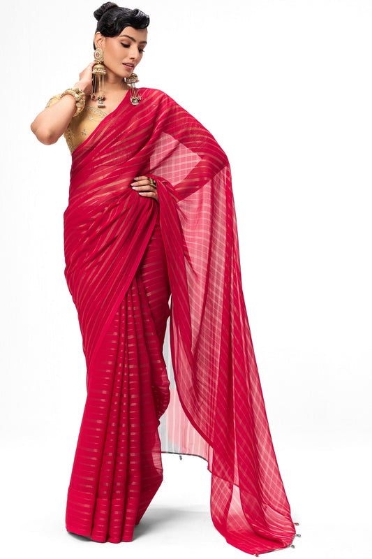 Dhiyona ST With Readymade Blouse - Pink Gold Stripes Chiffon Saree with Sabya Cream Embroidered Readymade Blouse