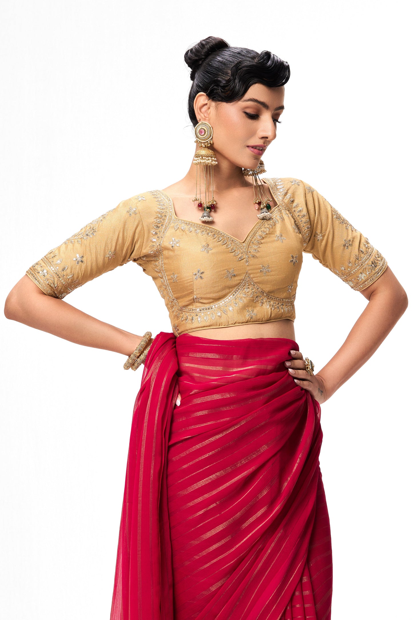 Dhiyona ST Cream Embroidered Sabya Blouse – Free-Size Adjustable 32 – 40 inches