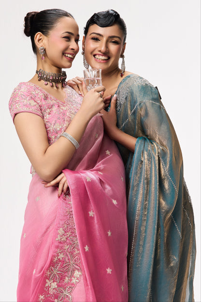Dhiyona ST Elixir  Pink Embroidered and Beaded Organza Saree with Blouse Fabric