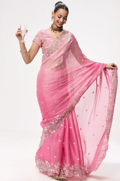 Dhiyona ST Elixir  Pink Embroidered and Beaded Organza Saree with Blouse Fabric