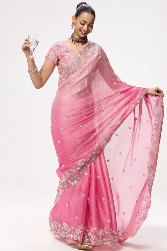 Dhiyona ST Elixir  Pink Embroidered and Beaded Organza Saree with Blouse Fabric