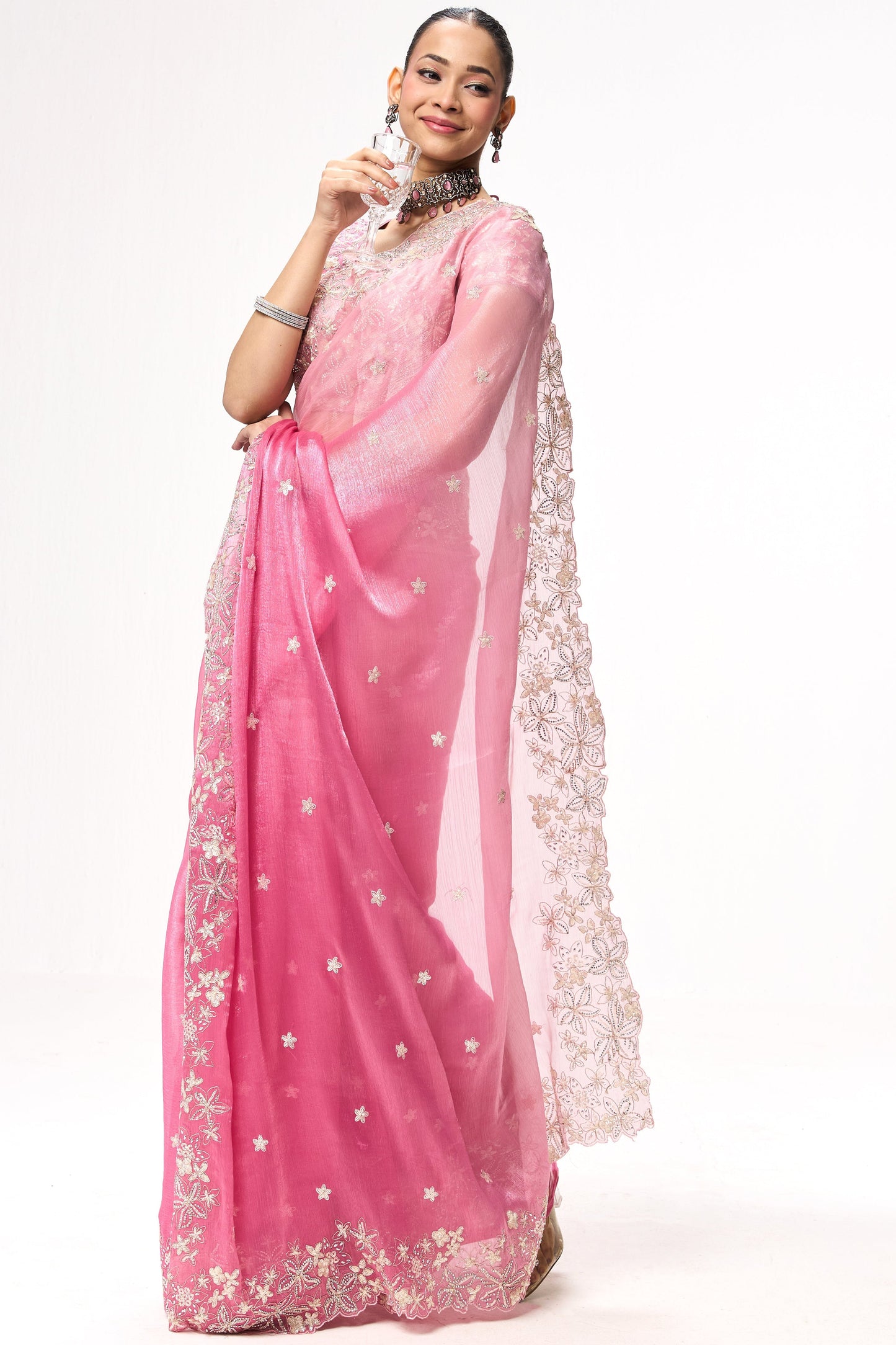 Dhiyona ST Elixir  Pink Embroidered and Beaded Organza Saree with Blouse Fabric
