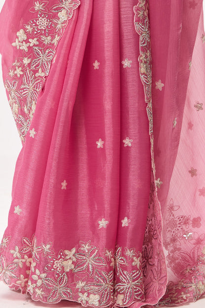 Dhiyona ST Elixir  Pink Embroidered and Beaded Organza Saree with Blouse Fabric