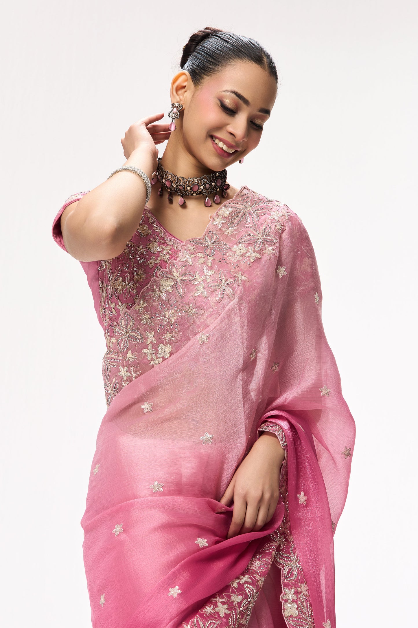 Dhiyona ST Elixir  Pink Embroidered and Beaded Organza Saree with Blouse Fabric