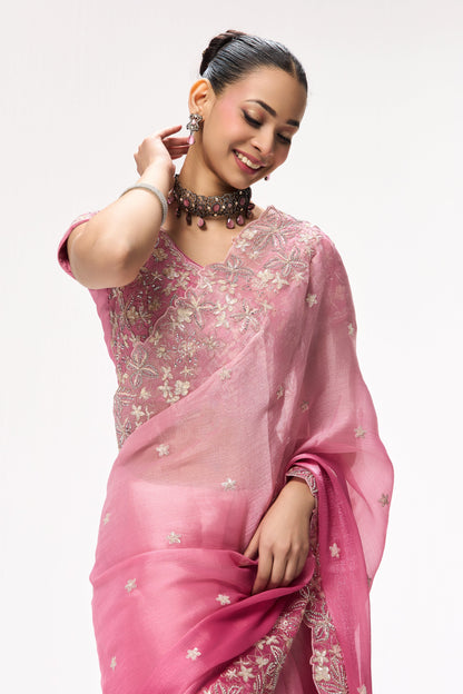 Dhiyona ST Elixir  Pink Embroidered and Beaded Organza Saree with Blouse Fabric