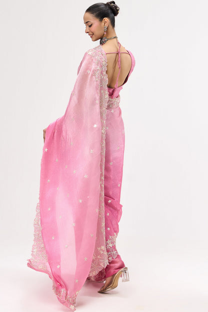 Dhiyona ST Elixir  Pink Embroidered and Beaded Organza Saree with Blouse Fabric