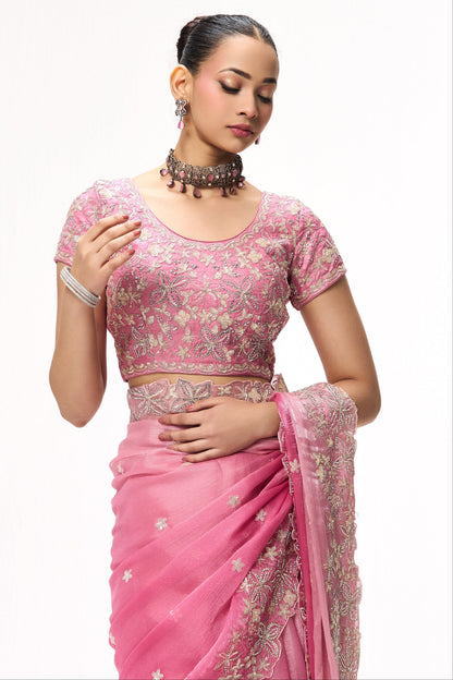 Dhiyona ST Elixir  Pink Embroidered and Beaded Organza Saree with Blouse Fabric