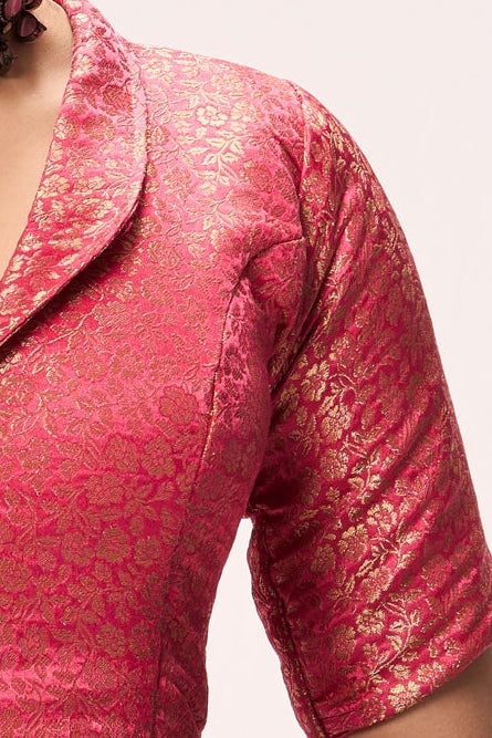 Dhiyona ST Pink Jacquard Collar Blouse – Free-Size Adjustable 32–40 inches | Structured Festive Blouse