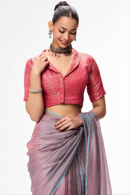Dhiyona ST With Readymade Blouse - Light Blue Pink Textured Chiffon Saree with Pink Jacquard Collar  Readymade Blouse