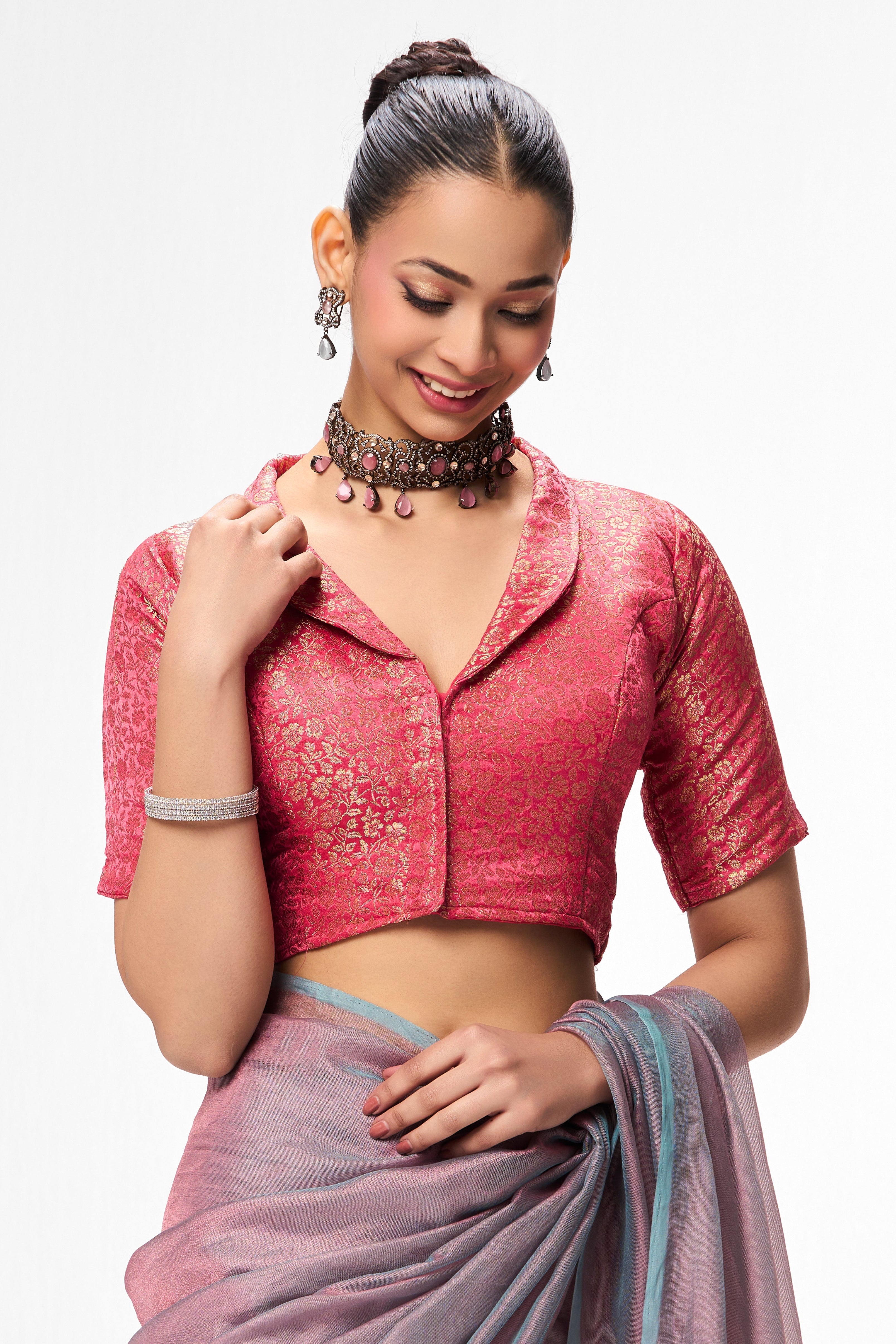 Dhiyona ST Pink Jacquard Collar Blouse – Free-Size Adjustable 32–40 inches | Structured Festive Blouse