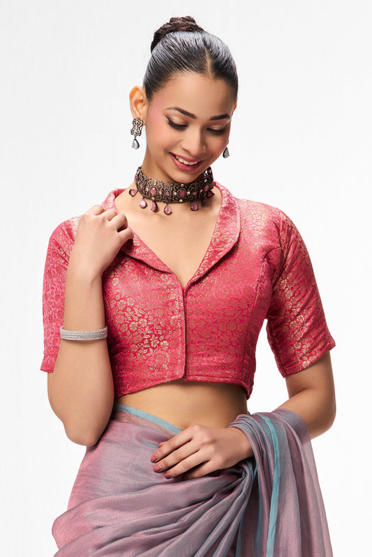 Dhiyona ST Pink Jacquard Collar Blouse – Free-Size Adjustable 32–40 inches | Structured Festive Blouse