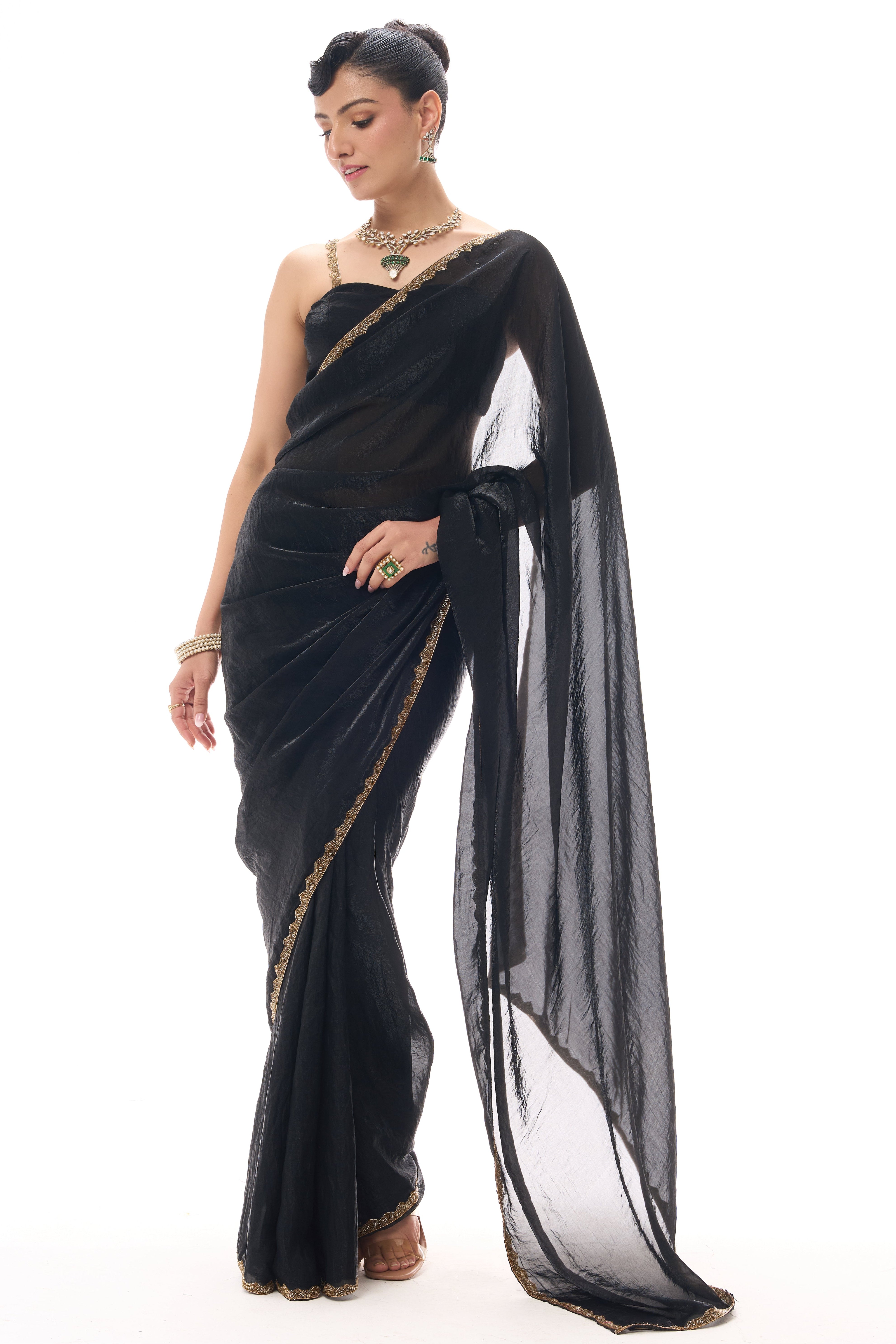 Dhiyona ST Black Gold Border Metallic Satin Saree with Blouse Fabric