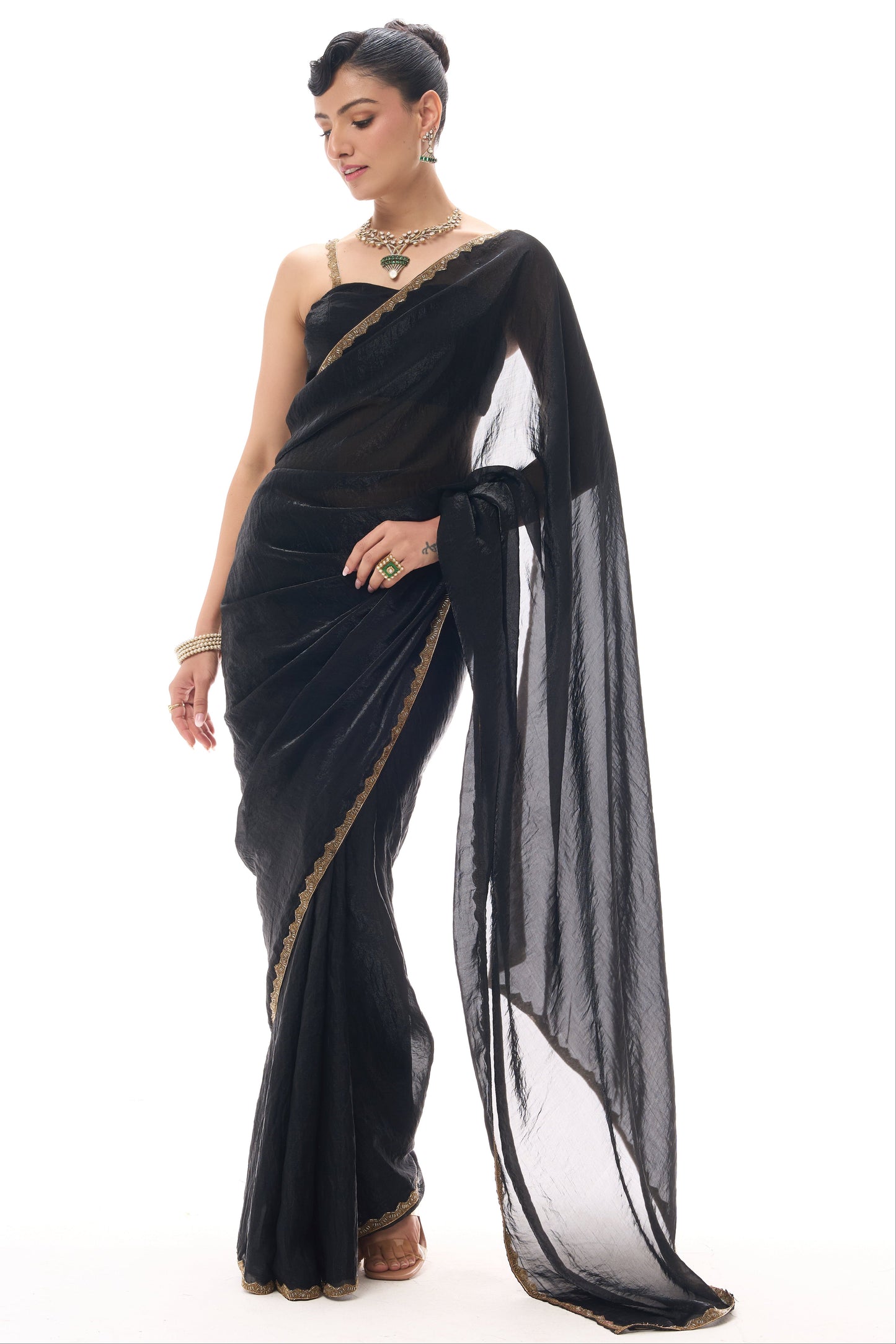 Dhiyona ST Black Gold Border Metallic Satin Saree with Blouse Fabric