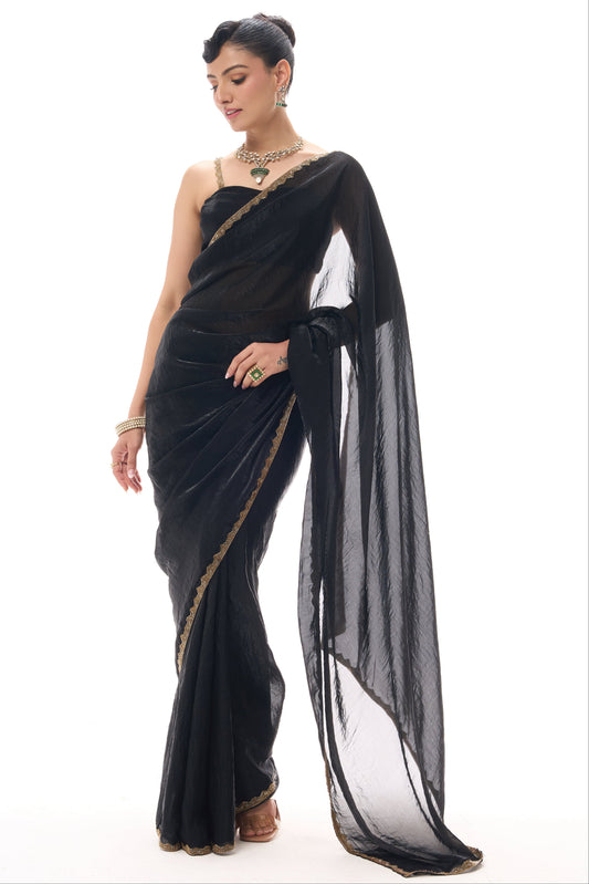 Dhiyona ST Black Gold Border Metallic Satin Saree with Blouse Fabric