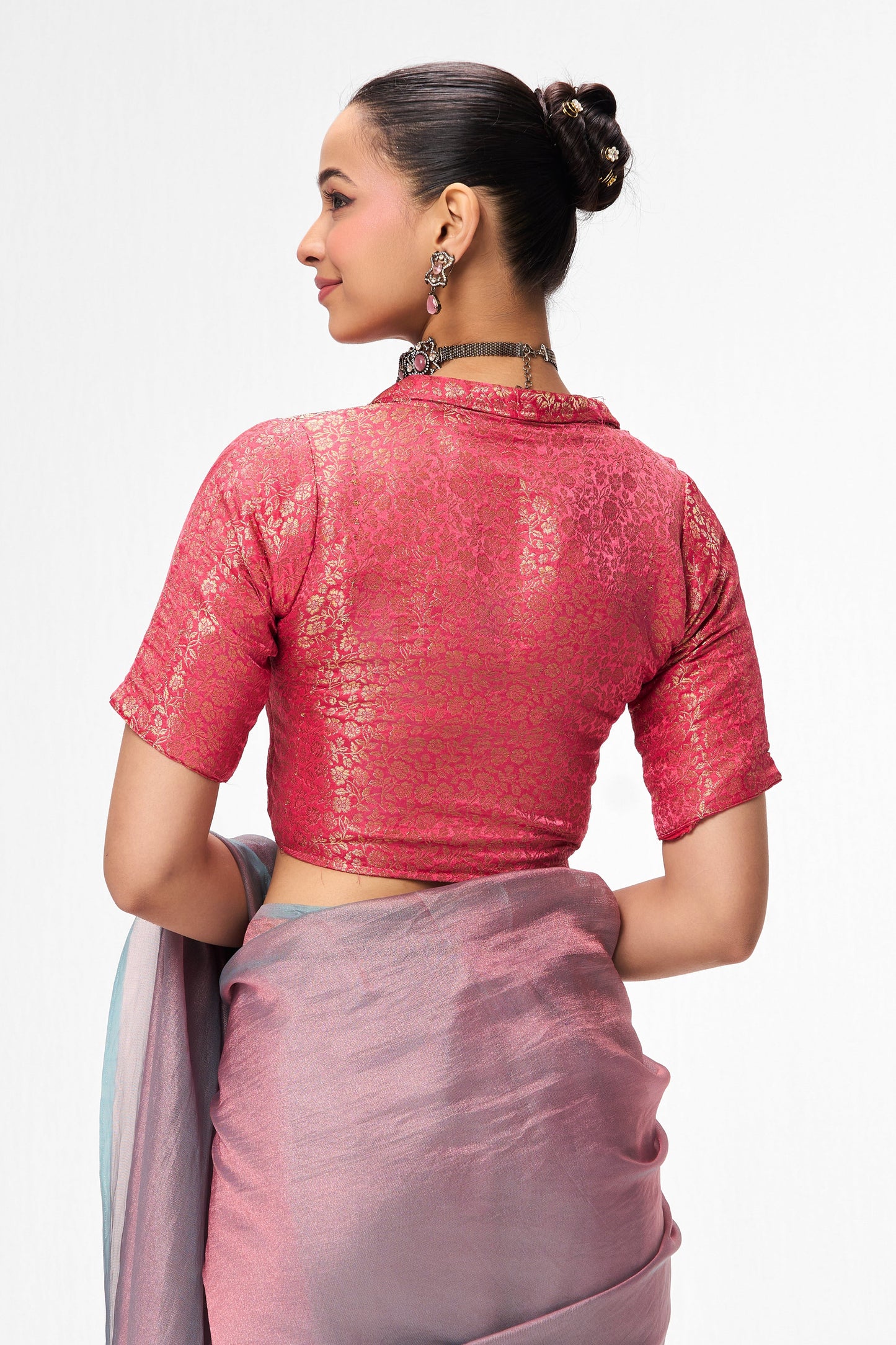 Dhiyona ST Pink Jacquard Collar Blouse – Free-Size Adjustable 32–40 inches | Structured Festive Blouse