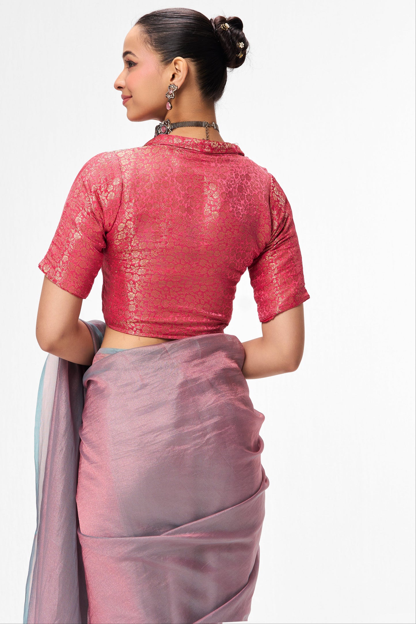 Dhiyona ST With Readymade Blouse - Light Blue Pink Textured Chiffon Saree with Pink Jacquard Collar  Readymade Blouse