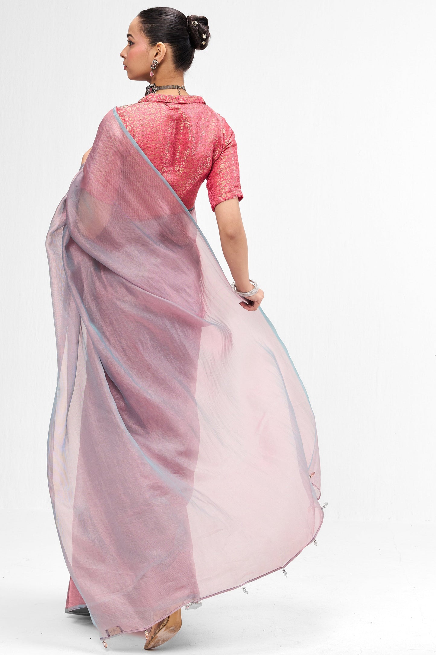 Dhiyona ST With Readymade Blouse - Light Blue Pink Textured Chiffon Saree with Pink Jacquard Collar  Readymade Blouse