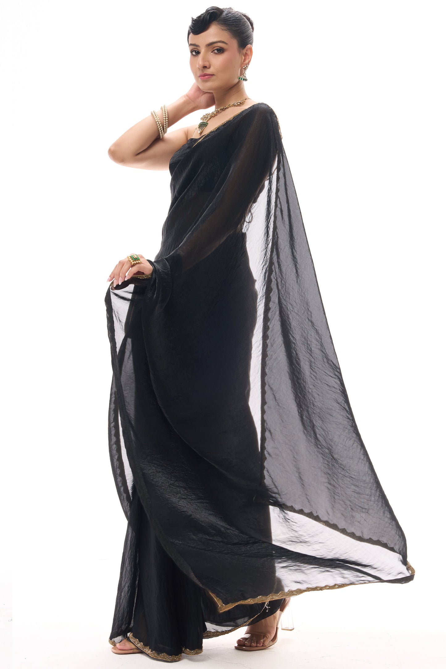 Dhiyona ST Black Gold Border Metallic Satin Saree with Blouse Fabric