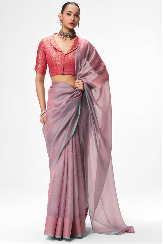 Dhiyona ST With Readymade Blouse - Light Blue Pink Textured Chiffon Saree with Pink Jacquard Collar  Readymade Blouse