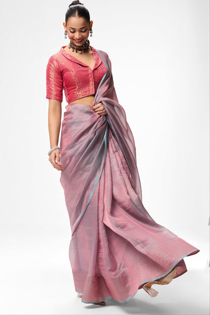 Dhiyona ST With Readymade Blouse - Light Blue Pink Textured Chiffon Saree with Pink Jacquard Collar  Readymade Blouse