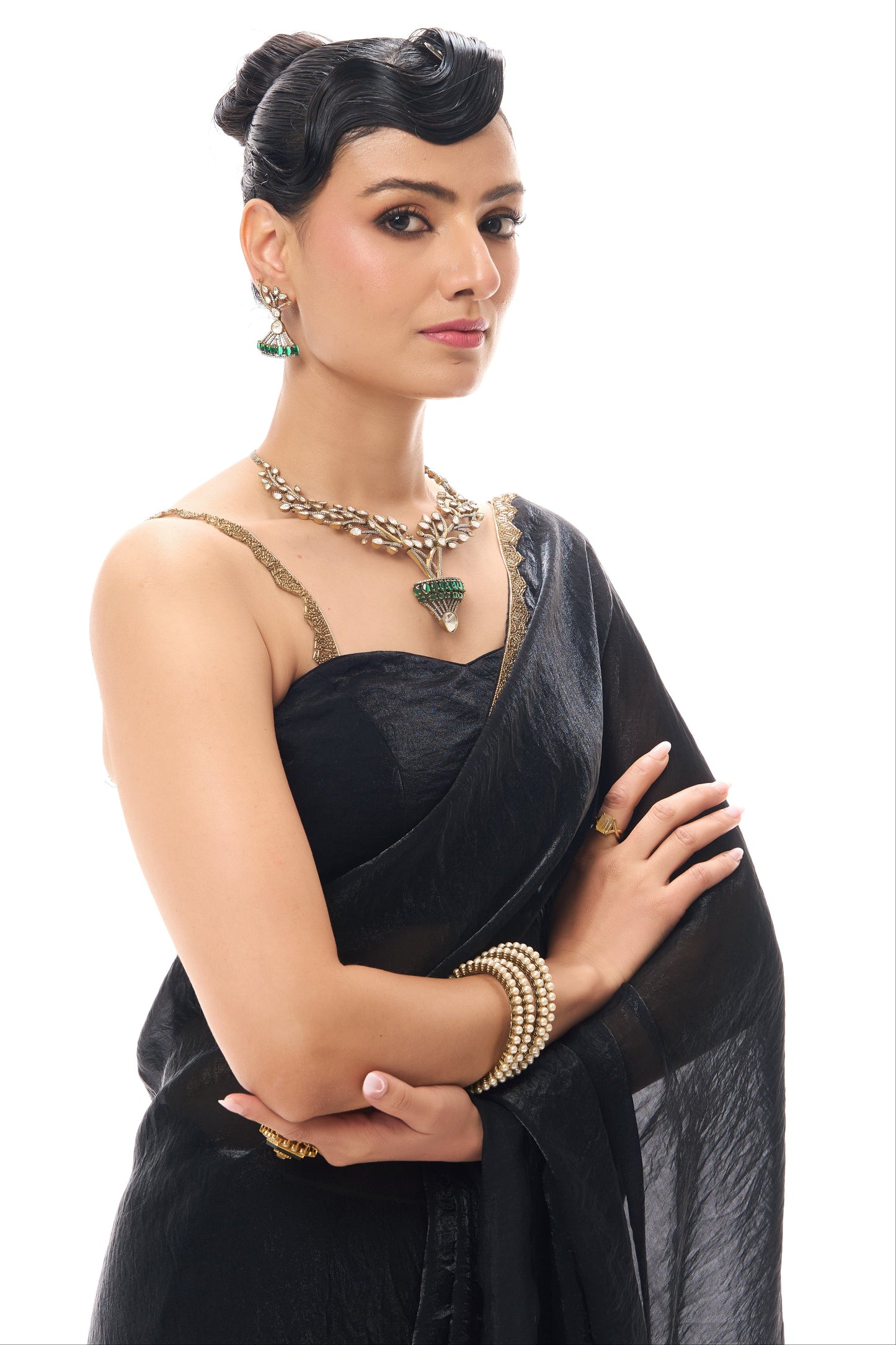 Dhiyona ST Black Gold Border Metallic Satin Saree with Blouse Fabric