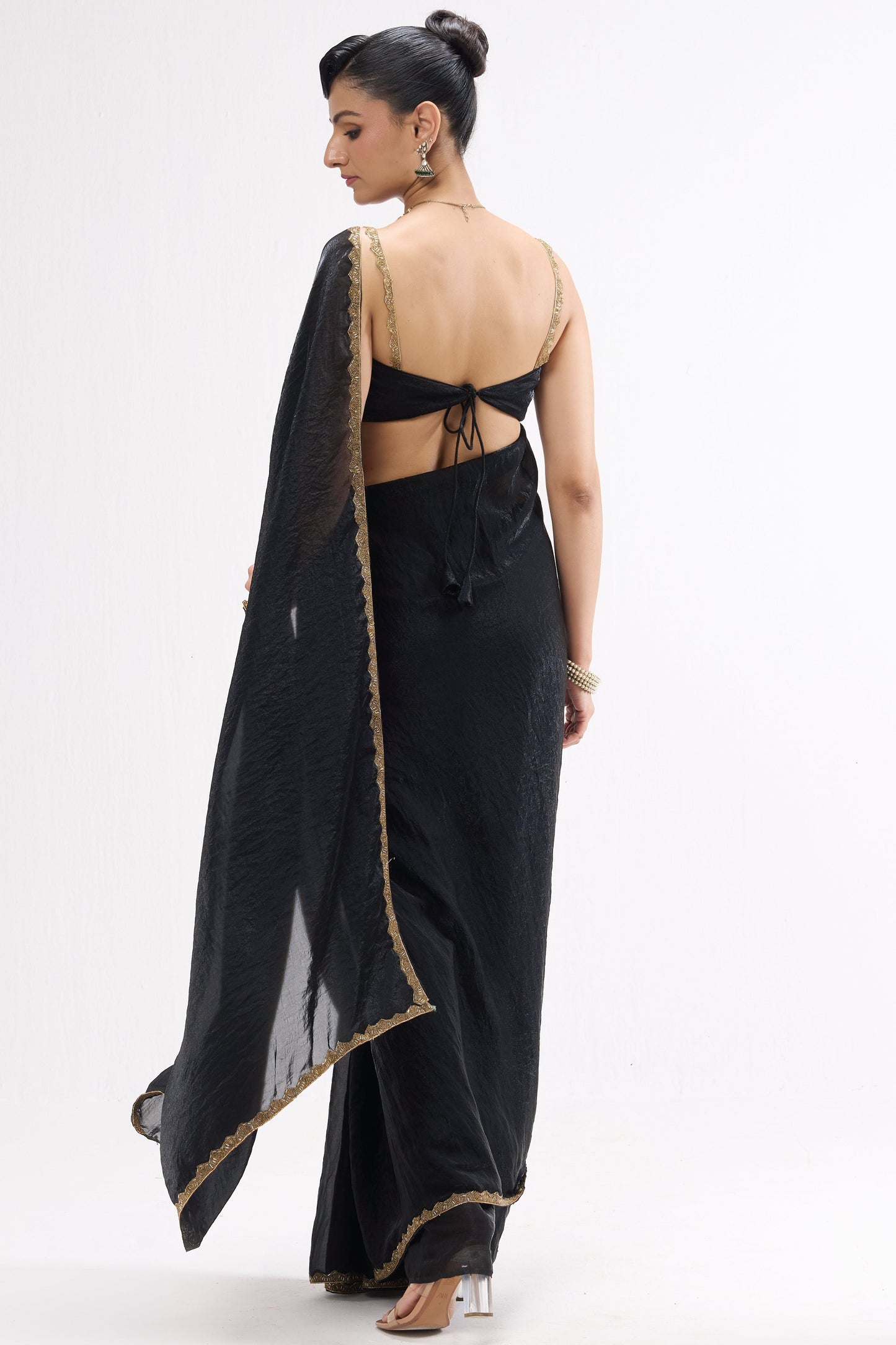 Dhiyona ST Black Gold Border Metallic Satin Saree with Blouse Fabric