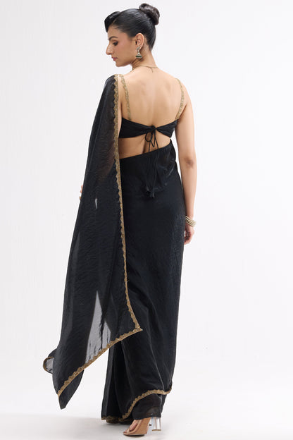 Dhiyona ST Black Gold Border Metallic Satin Saree with Blouse Fabric