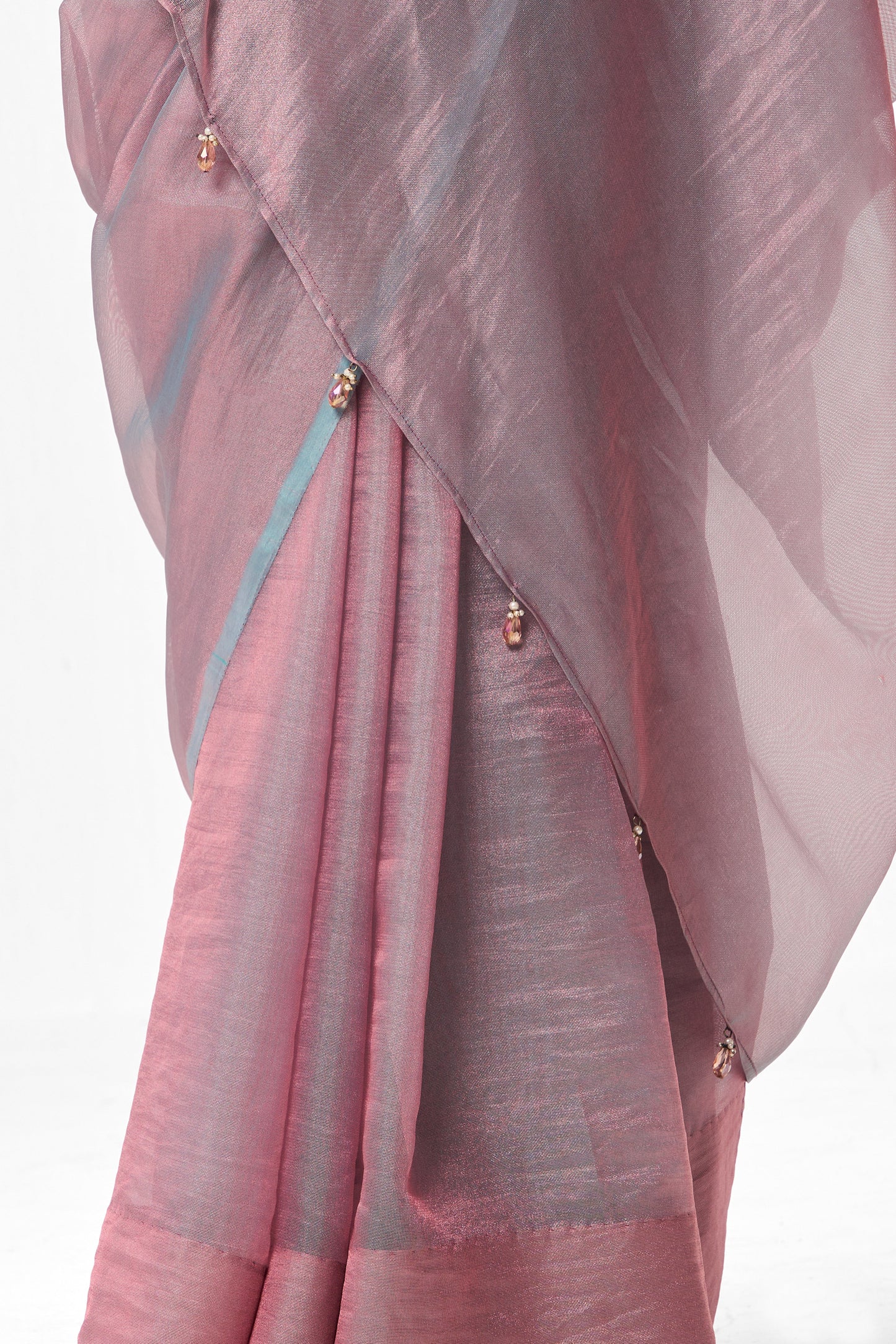 Dhiyona ST With Readymade Blouse - Light Blue Pink Textured Chiffon Saree with Pink Jacquard Collar  Readymade Blouse