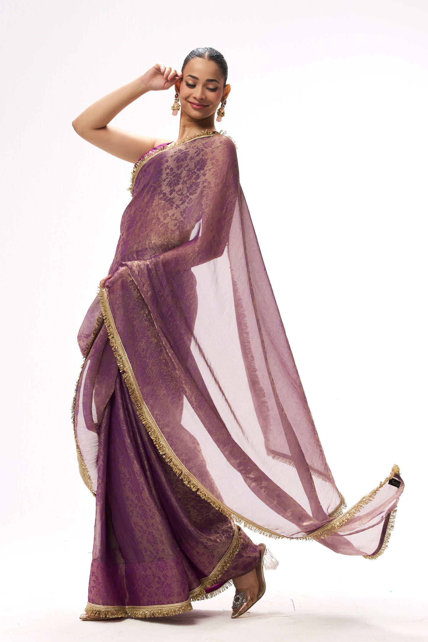 Dhiyona ST Purple Gold Q'la Chiffon Saree with Lace and Plush Blouse Fabric